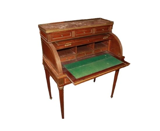 Scrittoio a Cilindro Francese Stile Luigi XVI del 1800 In Legno di Mogano