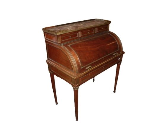 Scrittoio a Cilindro Francese Stile Luigi XVI del 1800 In Legno di Mogano