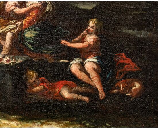 XVII secolo, scuola emiliana, Paesaggio agreste con scene galanti