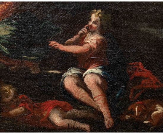 XVII secolo, scuola emiliana, Paesaggio agreste con scene galanti