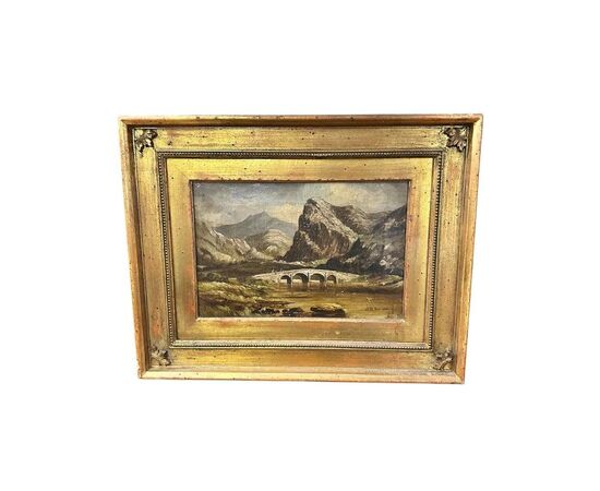  Dipinto olio su tela, Paesaggio montano con ponte di G.H. Barrable, XIX secolo