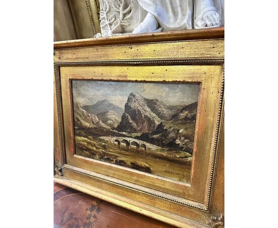 Dipinto olio su tela, Paesaggio montano con ponte di G.H. Barrable, XIX secolo