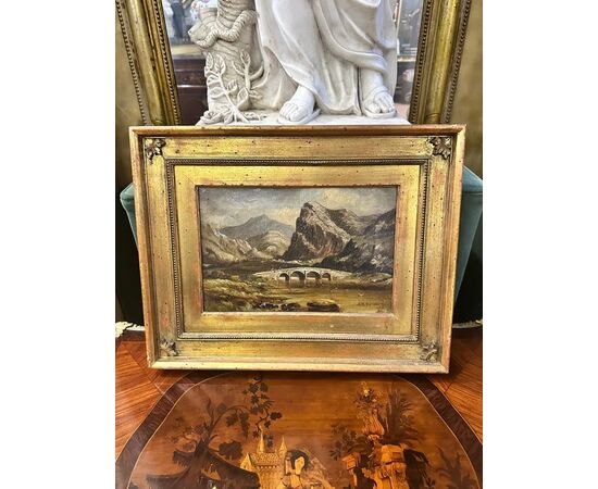  Dipinto olio su tela, Paesaggio montano con ponte di G.H. Barrable, XIX secolo