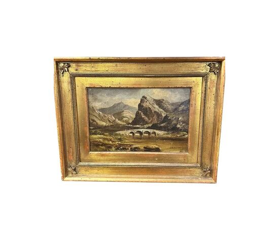 Dipinto olio su tela, Paesaggio montano con ponte di G.H. Barrable, XIX secolo
