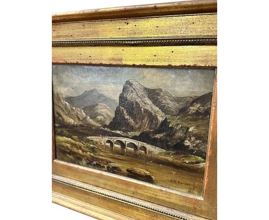  Dipinto olio su tela, Paesaggio montano con ponte di G.H. Barrable, XIX secolo
