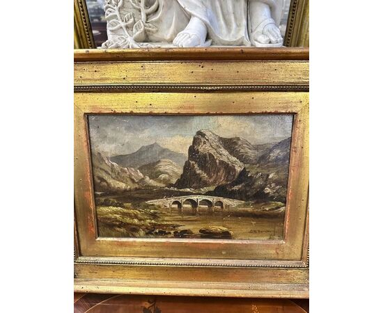  Dipinto olio su tela, Paesaggio montano con ponte di G.H. Barrable, XIX secolo