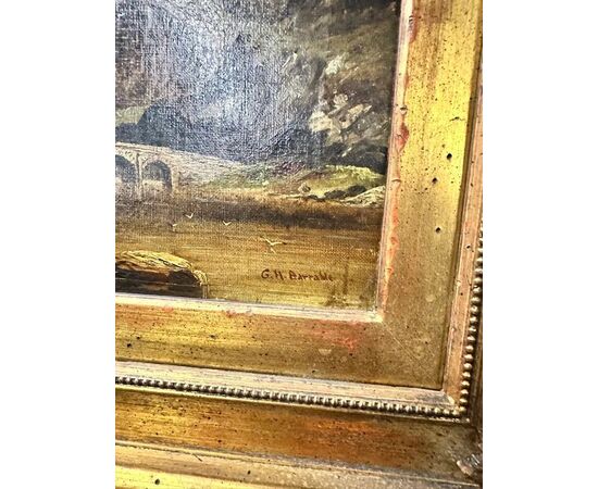  Dipinto olio su tela, Paesaggio montano con ponte di G.H. Barrable, XIX secolo