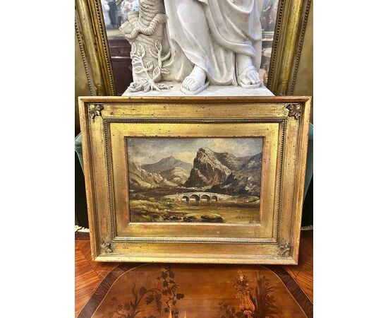  Dipinto olio su tela, Paesaggio montano con ponte di G.H. Barrable, XIX secolo