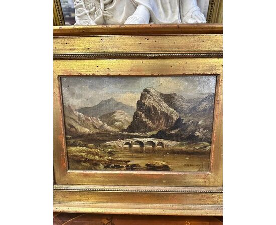  Dipinto olio su tela, Paesaggio montano con ponte di G.H. Barrable, XIX secolo