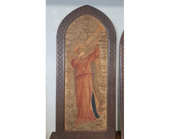 Coppia di succhi d'erba dell' Ottocento con cornice, "Angeli musicanti" 