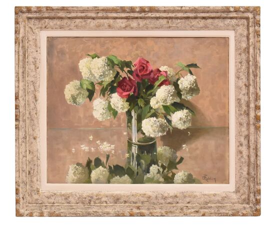 DIPINTI ANTICHI CON FIORI DI ROSE ROSA E PALLON DI MAGGIO, NATURE MORTE, OLIO SU TELA, XX. (QF677)