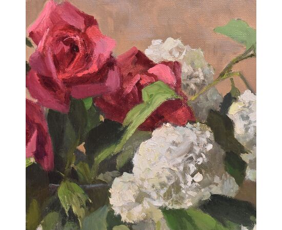 DIPINTI ANTICHI CON FIORI DI ROSE ROSA E PALLON DI MAGGIO, NATURE MORTE, OLIO SU TELA, XX. (QF677)