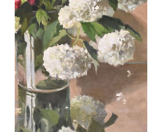 DIPINTI ANTICHI CON FIORI DI ROSE ROSA E PALLON DI MAGGIO, NATURE MORTE, OLIO SU TELA, XX. (QF677)
