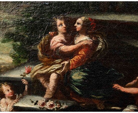 XVII secolo, scuola emiliana, Paesaggio agreste con scene galanti