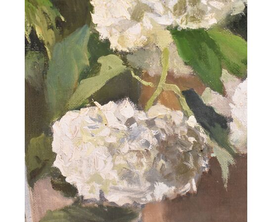 DIPINTI ANTICHI CON FIORI DI ROSE ROSA E PALLON DI MAGGIO, NATURE MORTE, OLIO SU TELA, XX. (QF677)