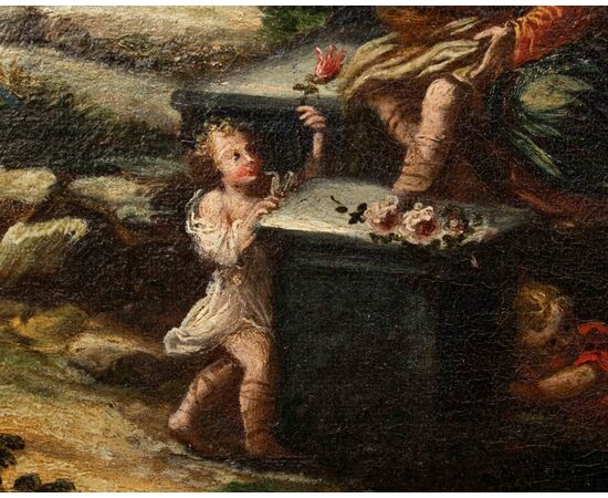 XVII secolo, scuola emiliana, Paesaggio agreste con scene galanti