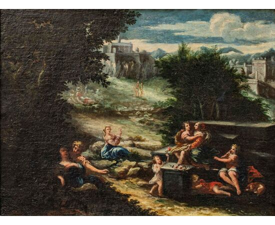 XVII secolo, scuola emiliana, Paesaggio agreste con scene galanti