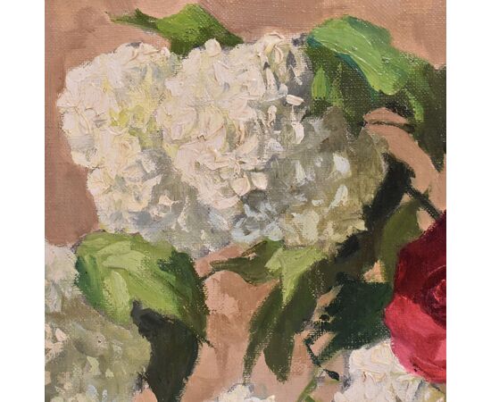 DIPINTI ANTICHI CON FIORI DI ROSE ROSA E PALLON DI MAGGIO, NATURE MORTE, OLIO SU TELA, XX. (QF677)