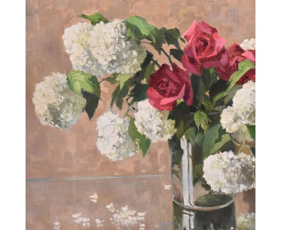 DIPINTI ANTICHI CON FIORI DI ROSE ROSA E PALLON DI MAGGIO, NATURE MORTE, OLIO SU TELA, XX. (QF677)