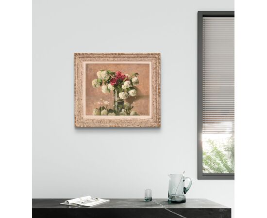 DIPINTI ANTICHI CON FIORI DI ROSE ROSA E PALLON DI MAGGIO, NATURE MORTE, OLIO SU TELA, XX. (QF677)