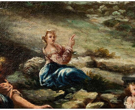 XVII secolo, scuola emiliana, Paesaggio agreste con scene galanti