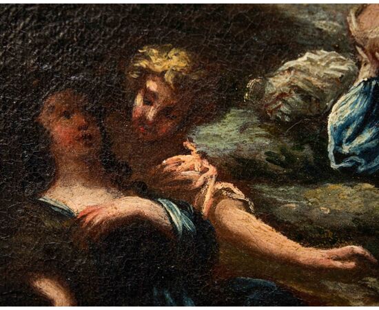 XVII secolo, scuola emiliana, Paesaggio agreste con scene galanti