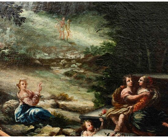 XVII secolo, scuola emiliana, Paesaggio agreste con scene galanti