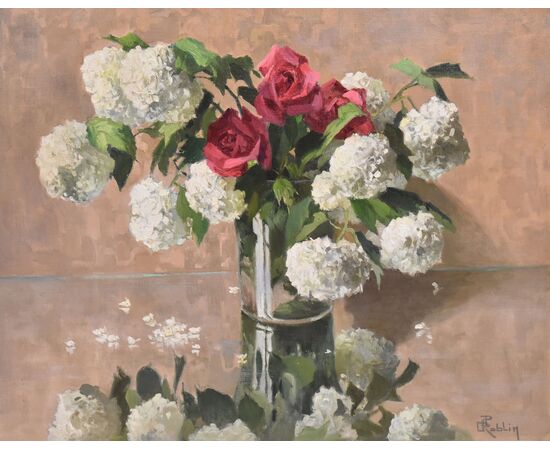 DIPINTI ANTICHI CON FIORI DI ROSE ROSA E PALLON DI MAGGIO, NATURE MORTE, OLIO SU TELA, XX. (QF677)