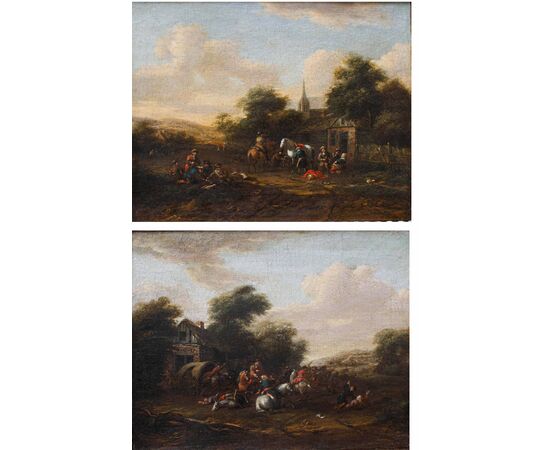 Barent Gael (1630/1635 – 1698), Coppia di paesaggi con scene di genere