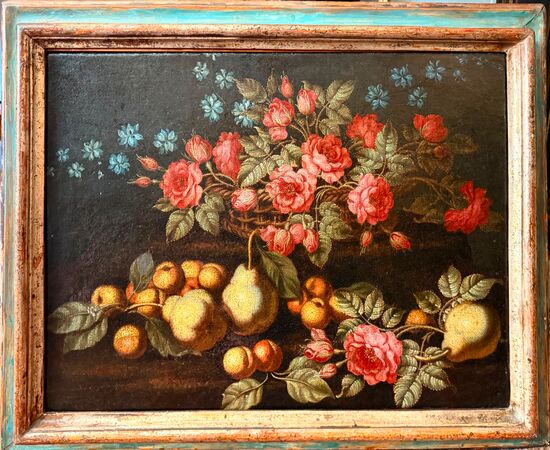 Coppia di nature morte con fiori e frutta XVII secolo