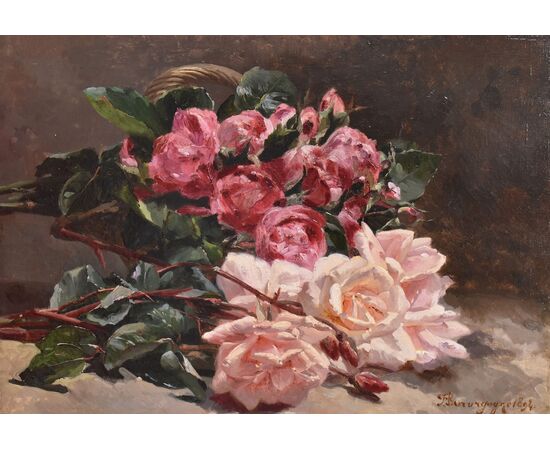 QUADRI ANTICHI, NATURA MORTA CON FIORI DI ROSE ROSSE E BIANCHE RECISE, OLIO SU TELA, DELL'800. (QF678)