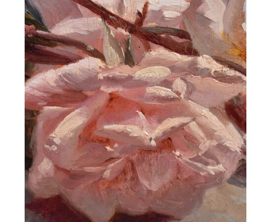 QUADRI ANTICHI, NATURA MORTA CON FIORI DI ROSE ROSSE E BIANCHE RECISE, OLIO SU TELA, DELL'800. (QF678)