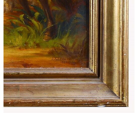 Olio su tela inglese del 1900 firmato olio su tela inglese "Pastore con gregge"