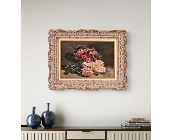 QUADRI ANTICHI, NATURA MORTA CON FIORI DI ROSE ROSSE E BIANCHE RECISE, OLIO SU TELA, DELL'800. (QF678)