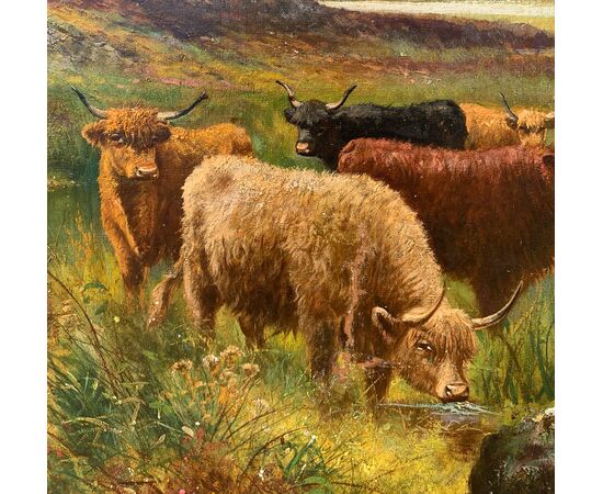 Pittore inglese (fine XIX sec.) - Paesaggio con mandria di Highlands al lago.