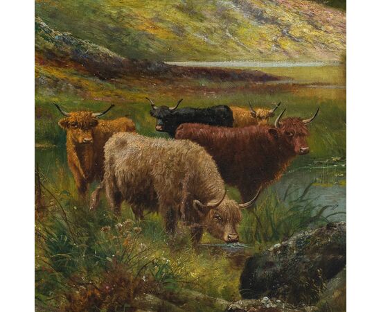 Pittore inglese (fine XIX sec.) - Paesaggio con mandria di Highlands al lago.