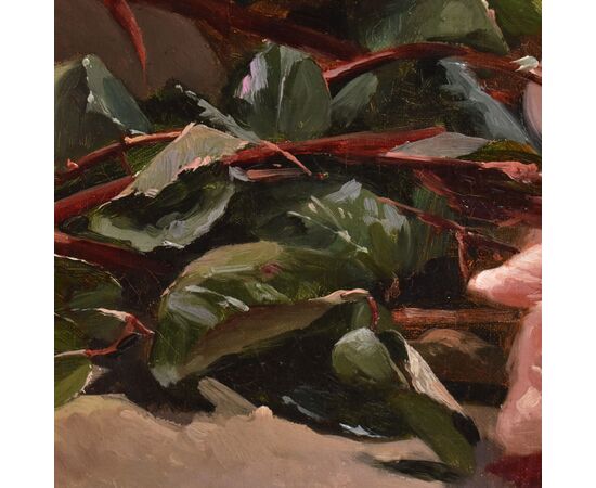 QUADRI ANTICHI, NATURA MORTA CON FIORI DI ROSE ROSSE E BIANCHE RECISE, OLIO SU TELA, DELL'800. (QF678)