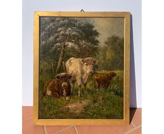 Pittore europeo (fine XIX sec.) - Mucche al pascolo.