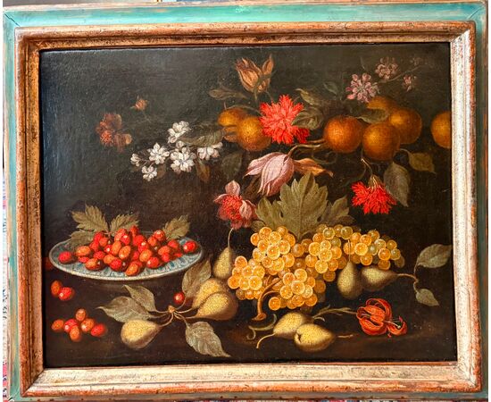 Coppia di nature morte con fiori e frutta XVII secolo
