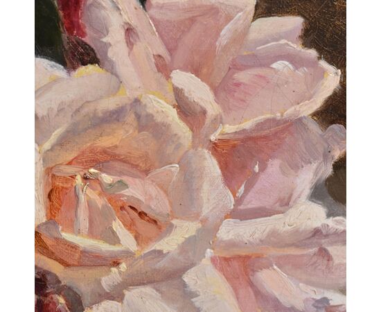 QUADRI ANTICHI, NATURA MORTA CON FIORI DI ROSE ROSSE E BIANCHE RECISE, OLIO SU TELA, DELL'800. (QF678)
