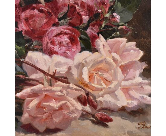QUADRI ANTICHI, NATURA MORTA CON FIORI DI ROSE ROSSE E BIANCHE RECISE, OLIO SU TELA, DELL'800. (QF678)