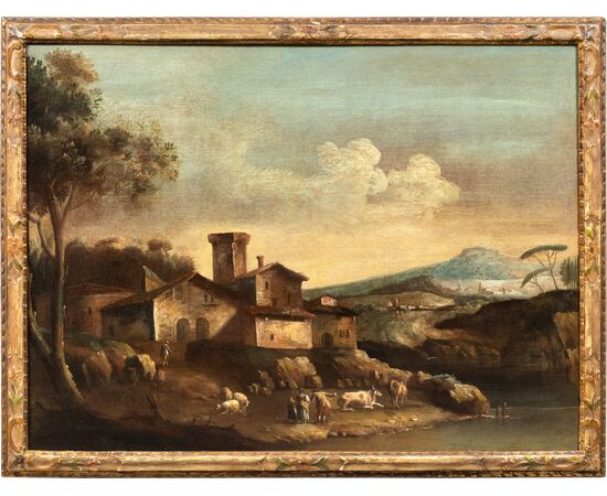 Francesco Tironi (Venezia 1745 - Venezia 1797) - Paesaggio veneto con pastori e armenti. 
