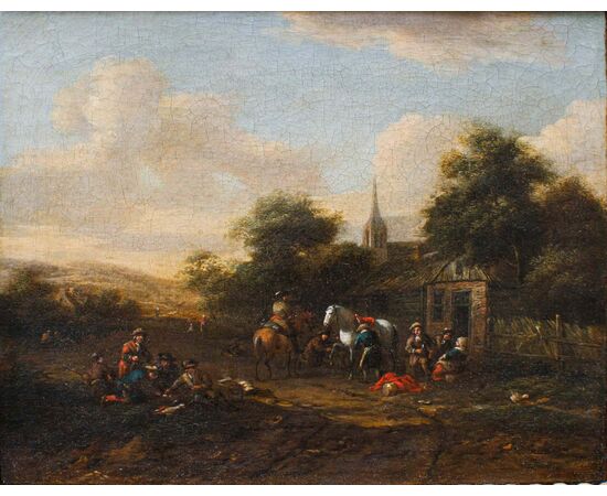 Barent Gael (1630/1635 – 1698), Coppia di paesaggi con scene di genere