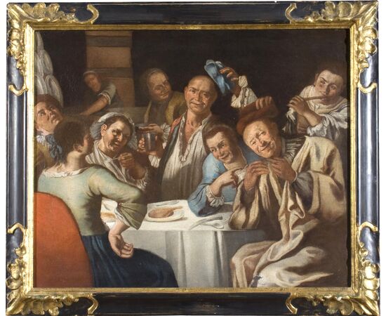 Dipinto antico - Scuola napoletana, “Interno di osteria”