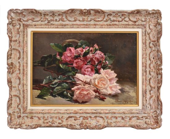 QUADRI ANTICHI, NATURA MORTA CON FIORI DI ROSE ROSSE E BIANCHE RECISE, OLIO SU TELA, DELL'800. (QF678)