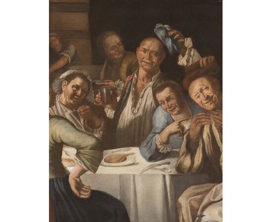 Dipinto antico - Scuola napoletana, “Interno di osteria”