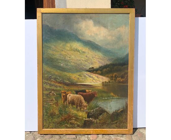 Pittore inglese (fine XIX sec.) - Paesaggio con mandria di Highlands al lago.