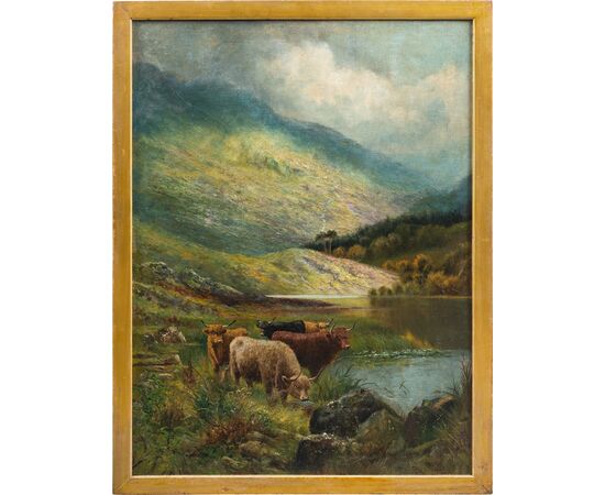 Pittore inglese (fine XIX sec.) - Paesaggio con mandria di Highlands al lago.