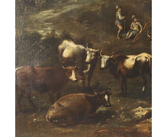 Dipinto Paesaggio con Figure e Mandria