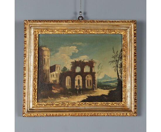 Dipinto Paesaggio con Rovine Architettoniche e Figure